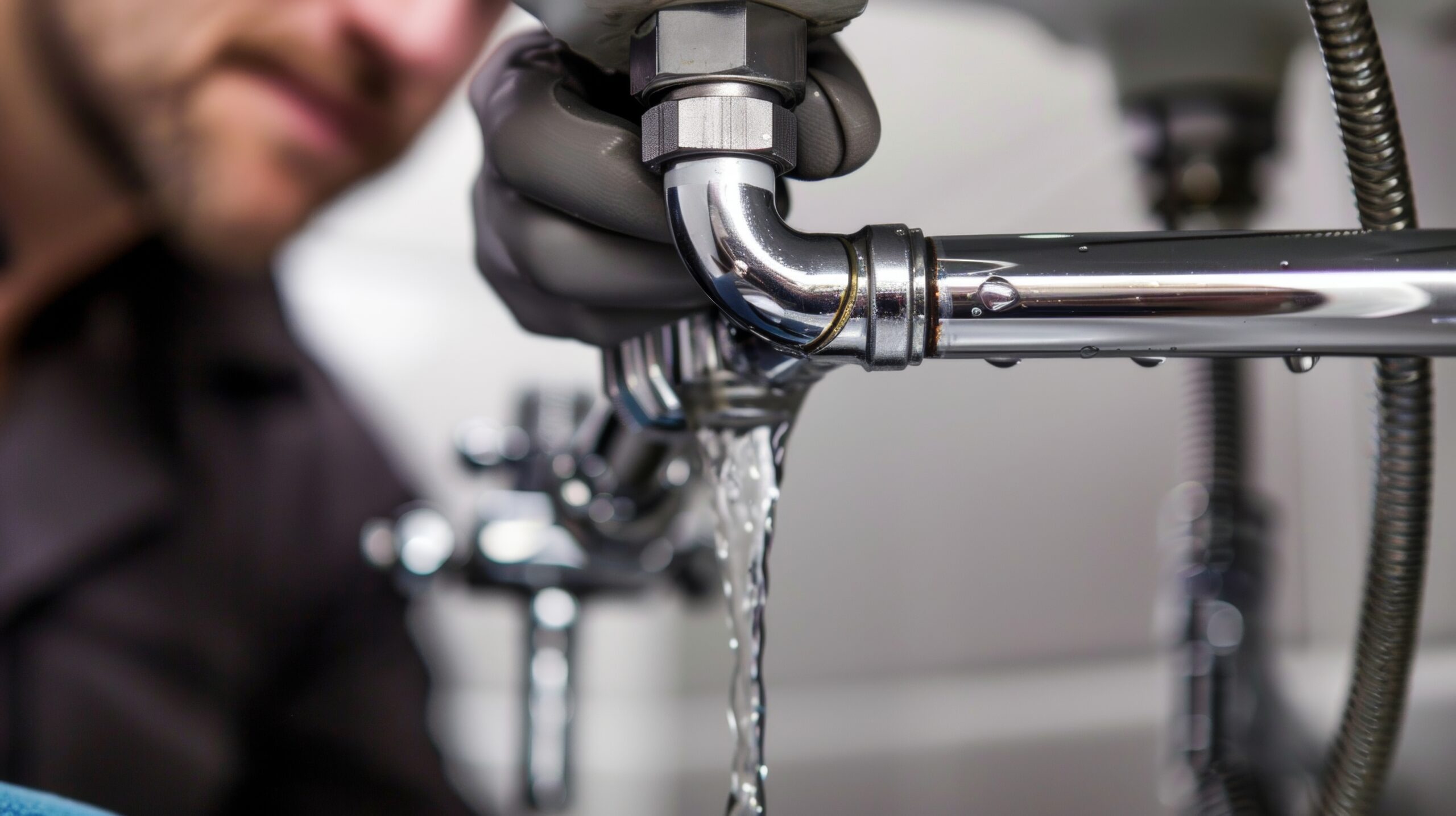 A plumber fixing a leaky pipe under a sink.