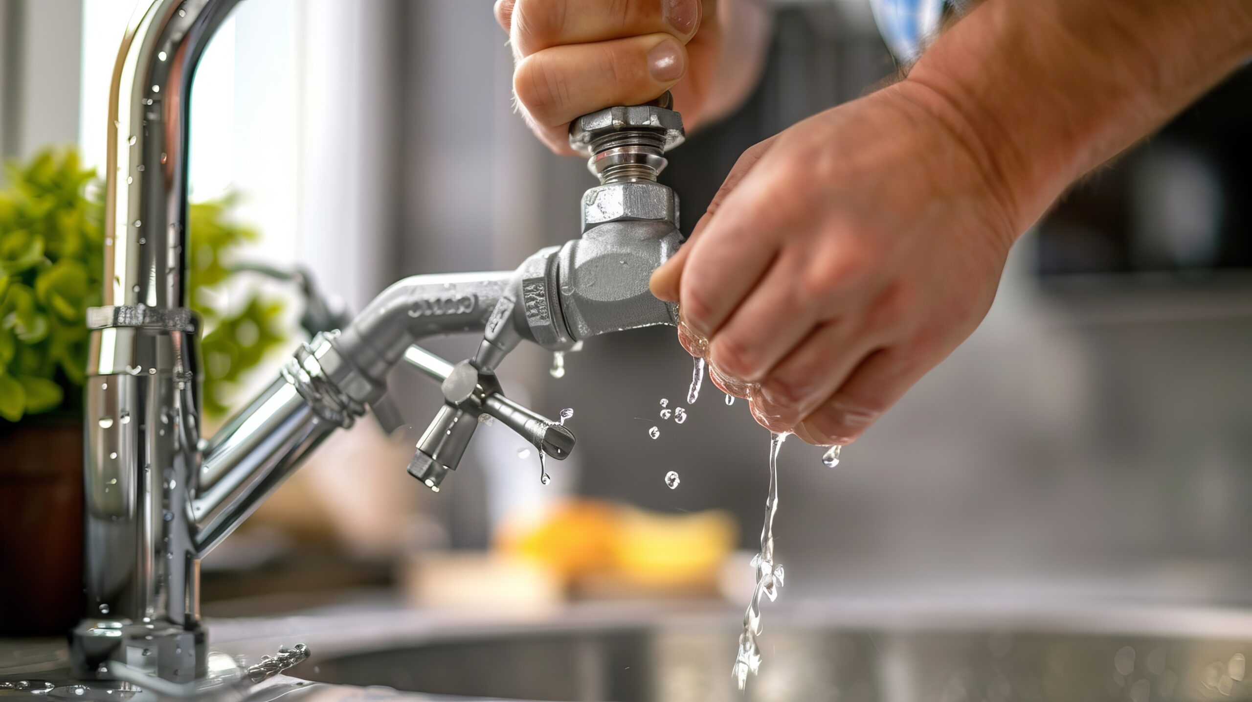 A male plumber's hand repairing a leaking sink pipe with an adjustable wrench